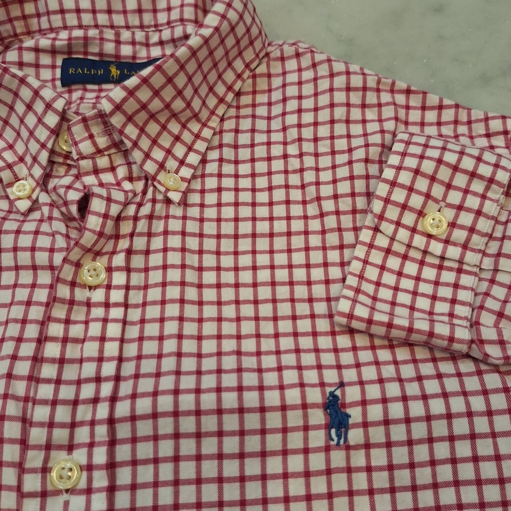 Polo Ralph Lauren Check Button Down Mens L Red Long Sleeve Cotton Shirt Preppy
